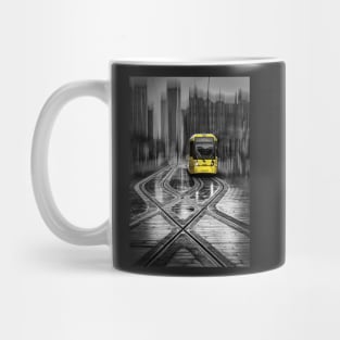 A Yellow Tram at a Stop in Manchester with ICM Mug